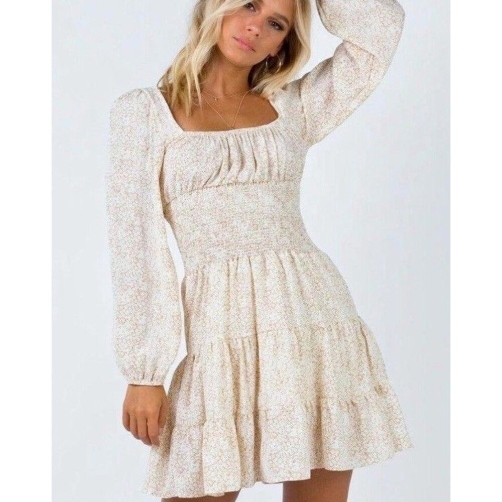 Princess Polly 8 Dress Floral Devante Brown Mini Tiered Peasant Prairie Milkmaid